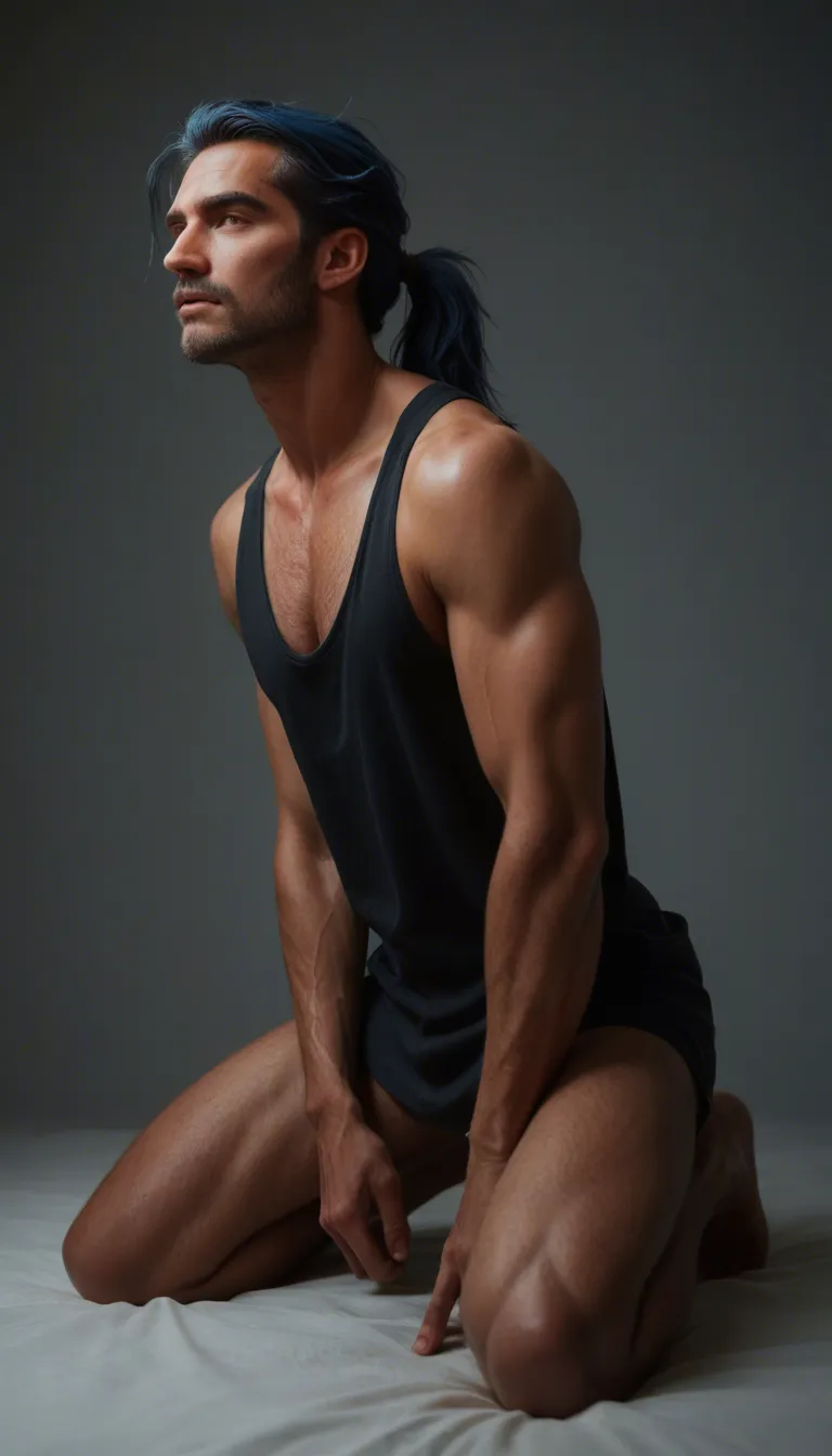 A medium shot from a side angle depicts a handsome, tan-skinned Javanese young man with long, scruffy dark blue hair tied in a ponytail, kneeling on a bed and engaging in an intimate act with a beautiful tan-skinned woman. The man, wearing a tight black t-shirt and blue ripped jeans with black boxers lowered to his knees, has a naughty, smirking expression; one hand firmly grips the woman's waist while the other pulls her hair. The woman, positioned on all fours and arching her back, wears a tight black t-shirt and a lifted red plaid skirt that reveals her bottom clad in ripped fishnet tights. She has long black hair and a blushing, panting expression, her hands gripping the bedsheets. The scene is set inside a bedroom with soft bedding. The visual style is a high-quality anime illustration with clean lines and vibrant coloring, creating a sensual and intimate atmosphere.