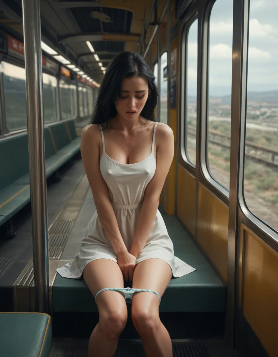 woman 30 years old long black hair, cute heart shaped face, blue eyes, orgasm, facing_away ,erect nipples. Sitting on train across walkway, legs_together ,panties down . Wearing sundress , panties down, , masturbation female_masturbation, score_9, score_8, candid photo, realistic skin texture, visible skin pores, film grain, depth of field