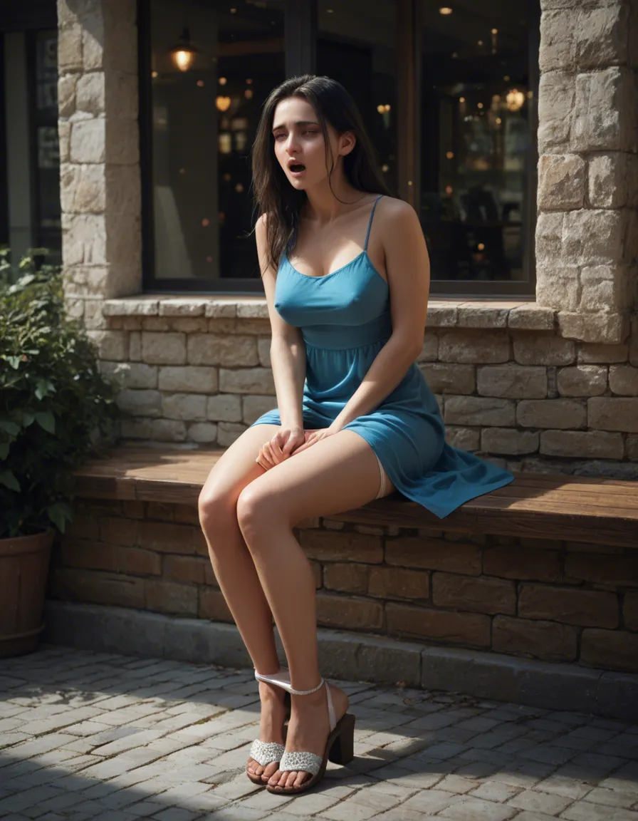 woman 30 years old long black hair, cute heart shaped face, blue eyes, orgasm , facing_away ,erect nipples. Sitting outside cafe across walkway, legs_together ,panties down . Wearing short blue A line dress , panties down, silver lace sandals , masturbation , female_masturbation,, score_9, score_8, candid photo, realistic skin texture, visible skin pores, film grain, depth of field