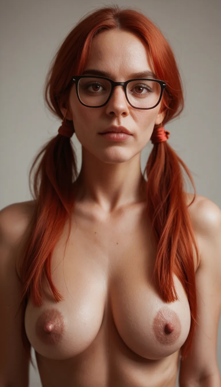 50 years old woman, glasses, red hair, brown eyes, pigtails with ribbon like a woman, big saggy tits, talking at phone, masturbating her old saggy wet pussy.