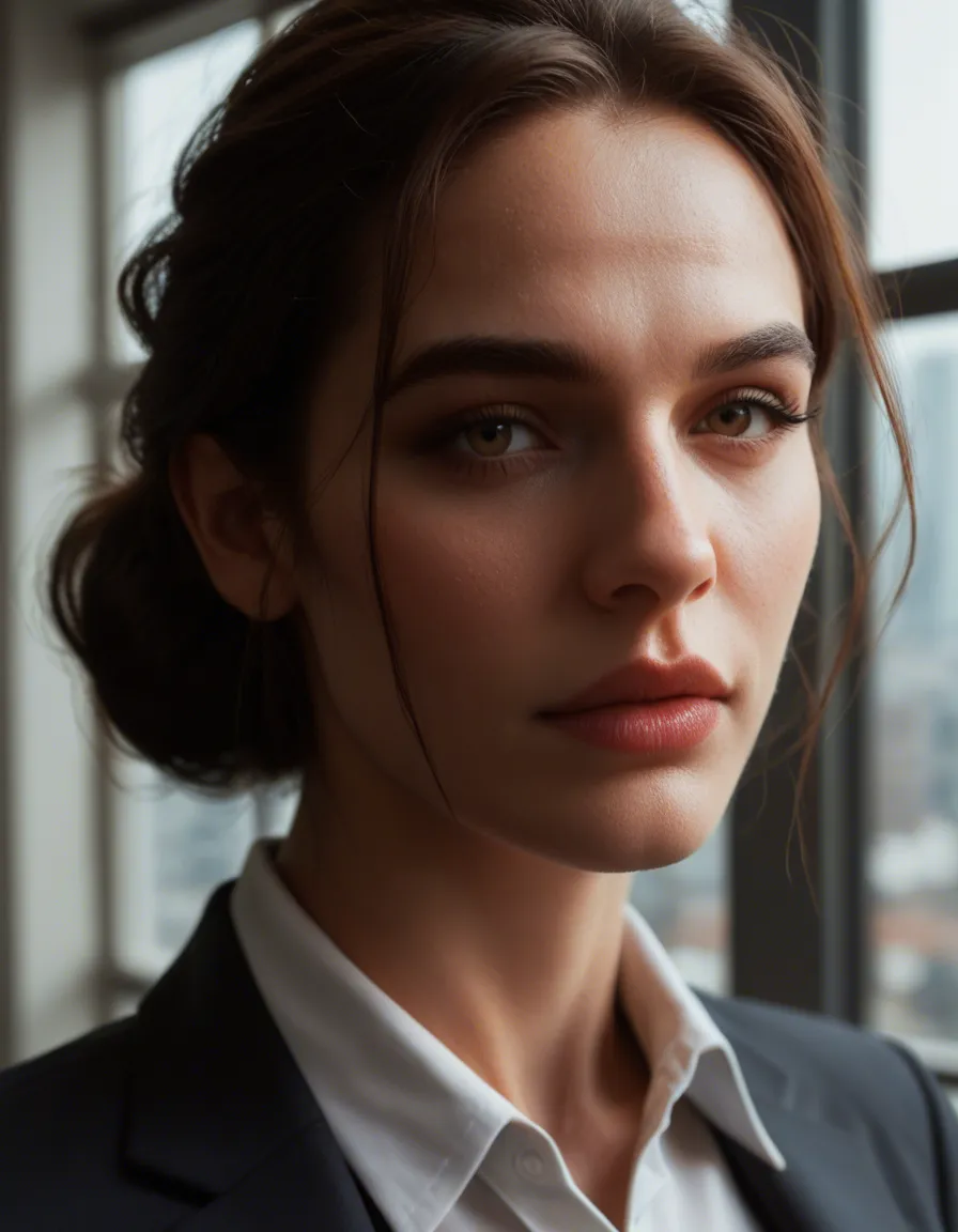 studio quality, sharp focus, office lady, brown footwear, collared shirt, bondage, blurry background, close-up, window light, hyperrealistic, score_9, score_8, candid photo, realistic skin texture, visible skin pores, film grain, depth of field