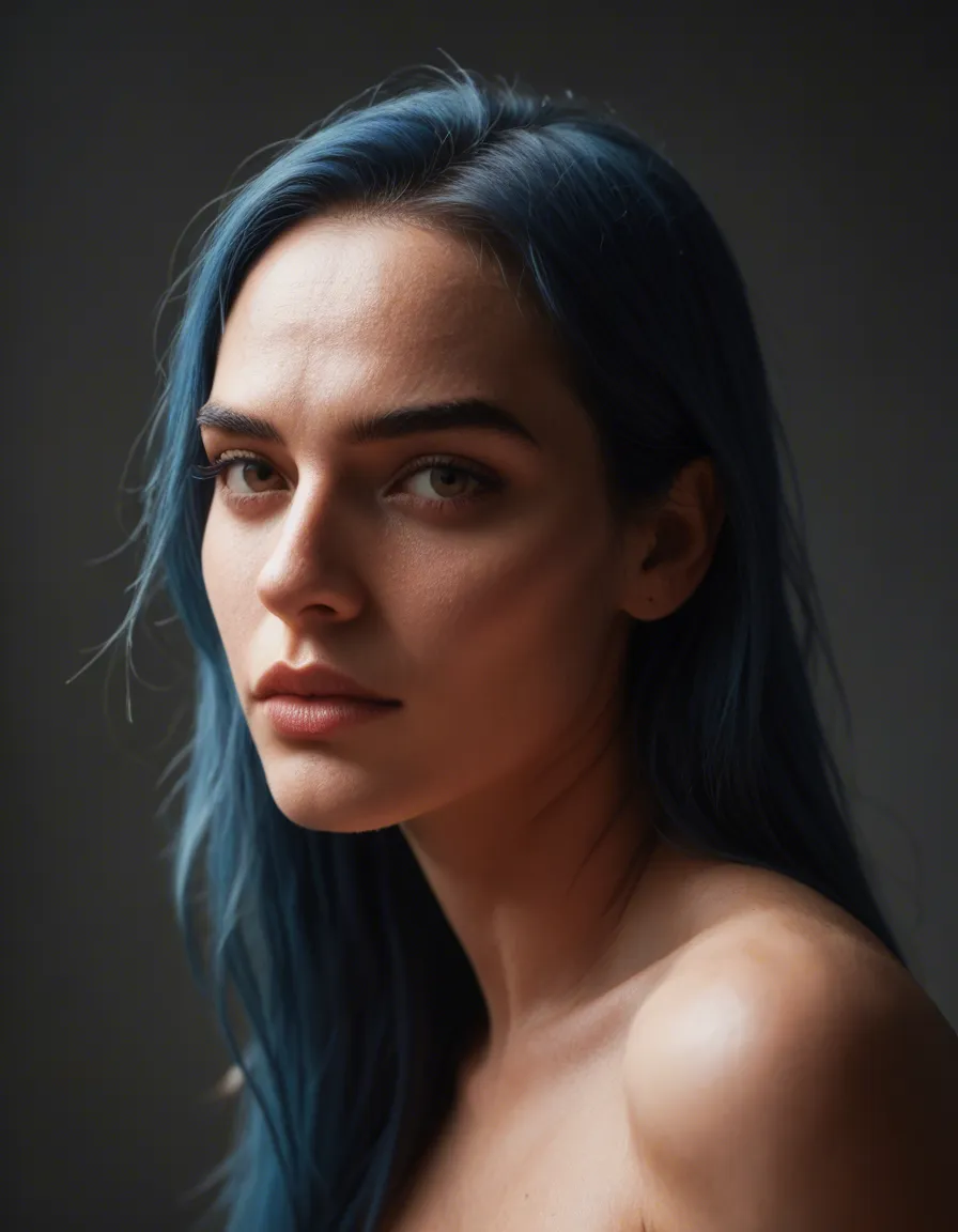 Bir tits mili with blue hair, score_9, score_8, candid photo, realistic skin texture, visible skin pores, film grain, depth of field