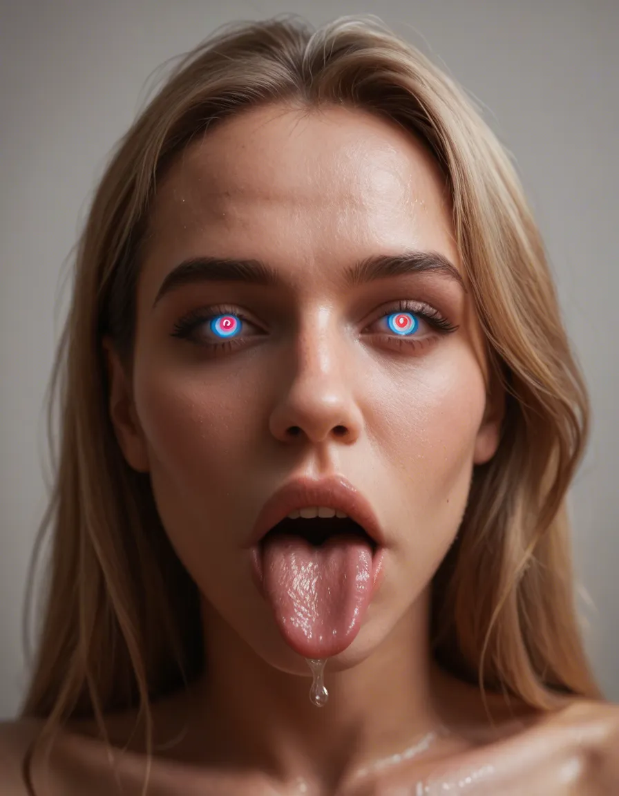 best quality, hyperrealistic, Ultra-realistic close-up POV, breathtakingly beautiful young woman looking straight into the camera with deep, hypnotic eyes full of pure lust. Her expression is hungry and shameless, mouth slightly open, long wet tongue fully extended and dripping thick strands of saliva directly toward the viewer as if tasting a cock. Saliva glistens on her tongue and lips, some already dripping. Soft, warm lighting highlights the wetness and the intense desire in her gaze. Extremely detailed face, perfect skin, seductive half-lidded eyes, flushed cheeks. Shot from the exact perspective of someone receiving a blowjob, hyper-detailed, 8k, cinematic, raw erotic intensity., score_9, score_8, candid photo, realistic skin texture, visible skin pores, film grain, depth of field