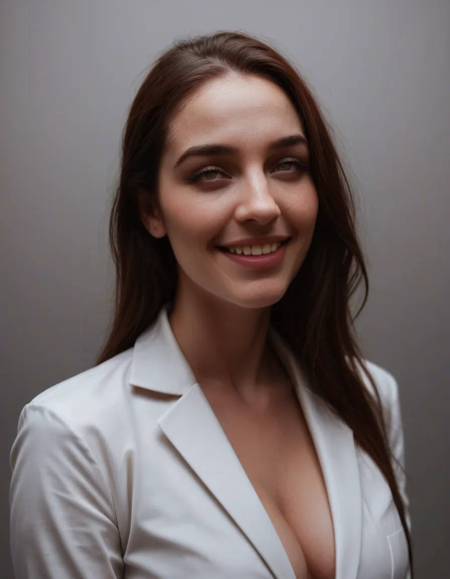 best quality, hyperrealistic, office lady, ahegao, hourglass figure, gradient background, shy smile, cinematic realism, score_9, score_8, candid photo, realistic skin texture, visible skin pores, film grain, depth of field