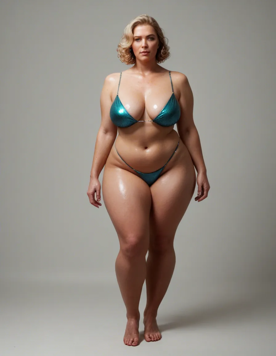 Hyper-realistic full-body portrait of a mature, voluptuous BBW trans woman. She has a commanding presence, characterized by a soft, mature facial structure and a stylish blonde curly bob haircut. Her skin is glistening, heavily drenched in shimmering body oil that catches the light, emphasizing the curves of her large frame.
Detailed anatomical focus: visible, thick black natural pubic hair and thick black natural armpit hair. She is depicted with a large, prominent penis, realistically integrated into her anatomy.
Lighting: Cinematic studio lighting, high contrast, highlighting the wet texture of the oiled skin and the depth of the skin folds.
Technical specs: 8k resolution, photorealistic, highly detailed skin textures, pores and imperfections, shot on 85mm lens, sharp focus, depth of field, masterpiece quality., score_9, score_8, candid photo, realistic skin texture, visible skin pores, film grain, depth of field