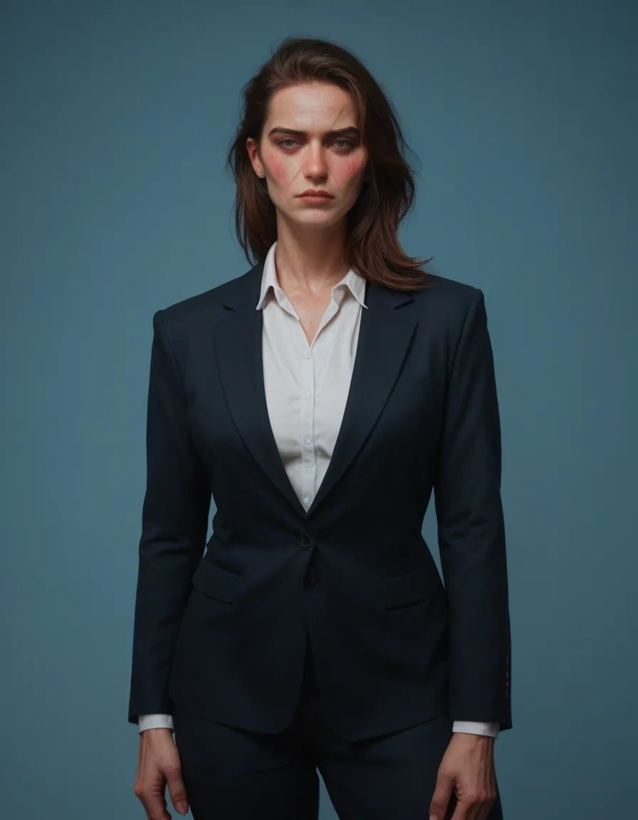 professional photo, high detail, wide shot, 1other, futanari, scar, blue background, nervous blush, hyperrealistic, score_9, score_8, candid photo, realistic skin texture, visible skin pores, film grain, depth of field