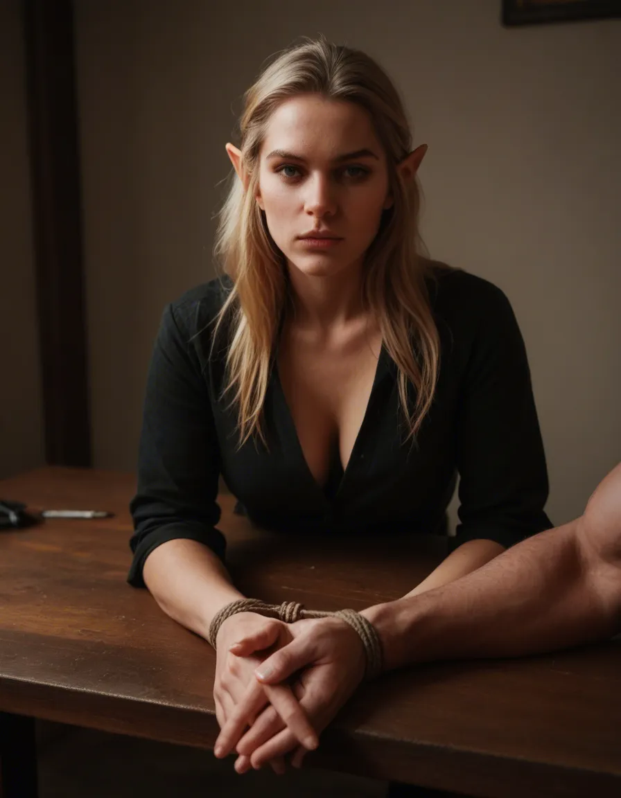 cinematic photo, 8k, elf woman, bondage, holding hands, table, dreamy atmosphere, photorealistic, score_9, score_8, candid photo, realistic skin texture, visible skin pores, film grain, depth of field