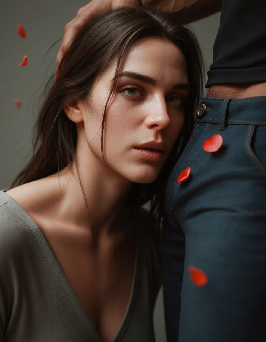 ultra HD, lifelike, male focus, petite adult woman, pants, creampie, petals, portrait, natural skin texture, score_9, score_8, 3d render, octane render, subsurface scattering, ray tracing, smooth shading