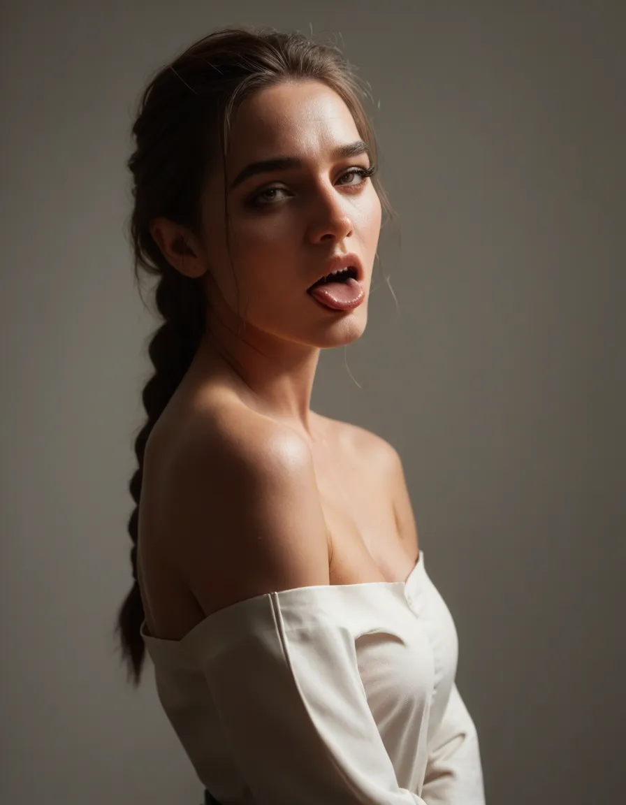 professional photo, high detail, solo, braid, detached sleeves, ahegao, spotlight, 8k uhd photo, score_9, score_8, candid photo, realistic skin texture, visible skin pores, film grain, depth of field