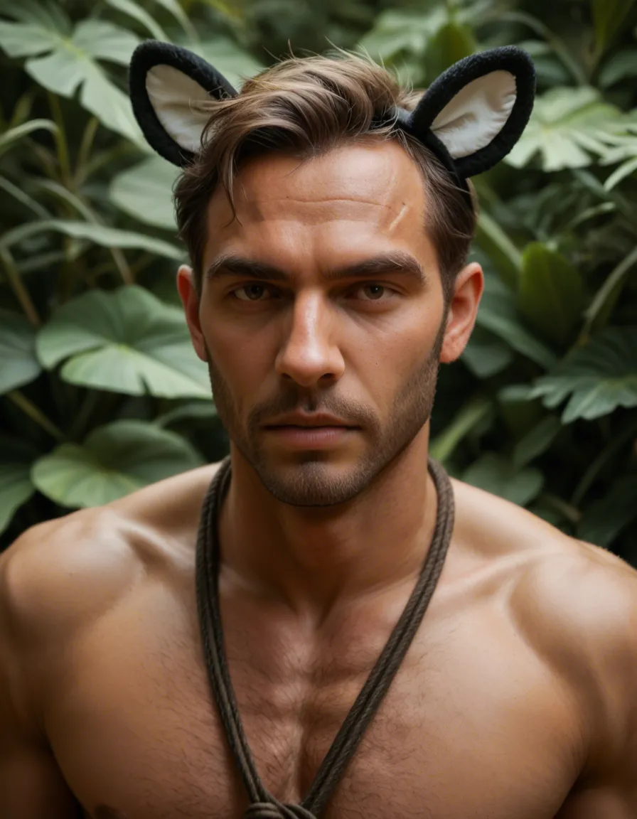 8k, sharp focus, detailed skin, male focus, bondage, fake animal ears, plant, tender moment, photorealistic, score_9, score_8, candid photo, realistic skin texture, visible skin pores, film grain, depth of field