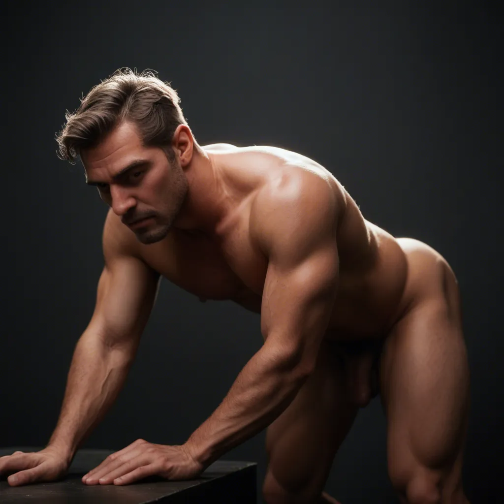 dslr, film grain, photorealistic, male focus, sidelocks, official alternate costume, bent over, studio photo