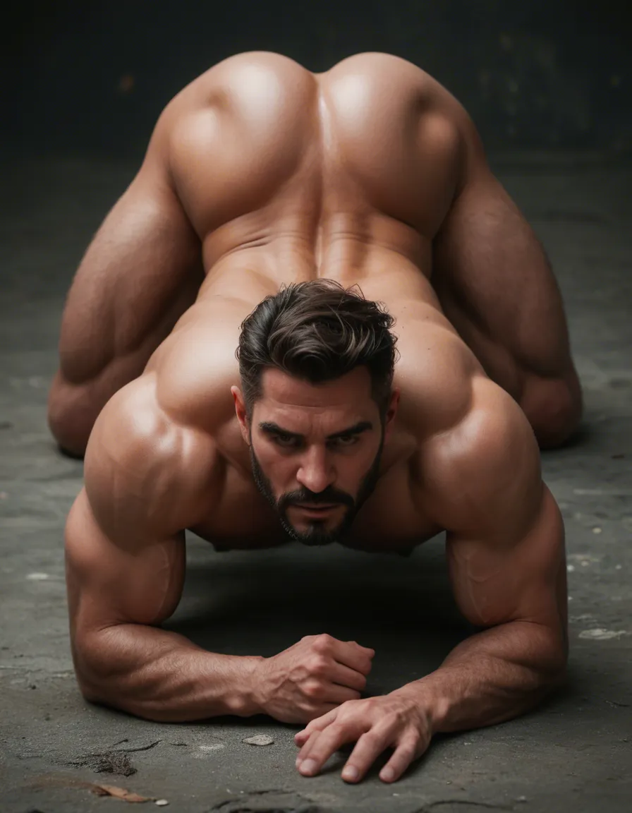 Samoan muscle man waiting for me ass up, score_9, score_8, candid photo, realistic skin texture, visible skin pores, film grain, depth of field