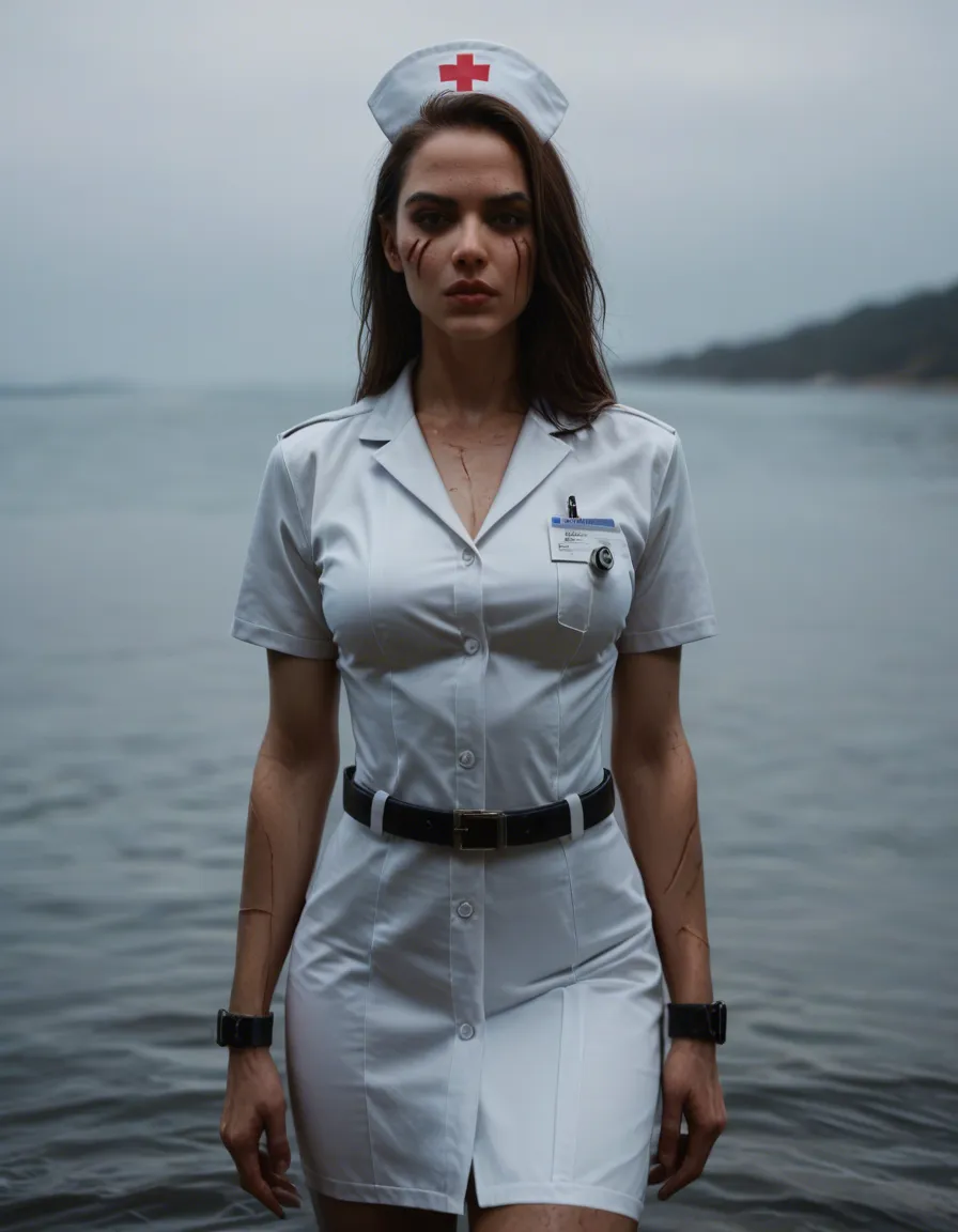 8k, sharp focus, detailed skin, nurse, scar, belt, bondage, water, hyperrealistic, score_9, score_8, candid photo, realistic skin texture, visible skin pores, film grain, depth of field