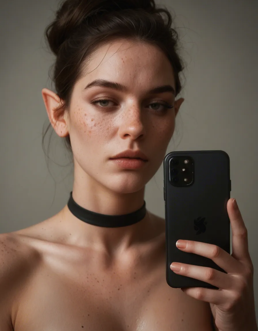Petite elf in her twenties with pale skin, freckles, and a black messy bun masturbates. She in naked except for a black choker. Her eyes are closed., score_9, score_8, amateur photo, phone snapshot, realistic skin texture, skin blemishes, soft indoor lighting
