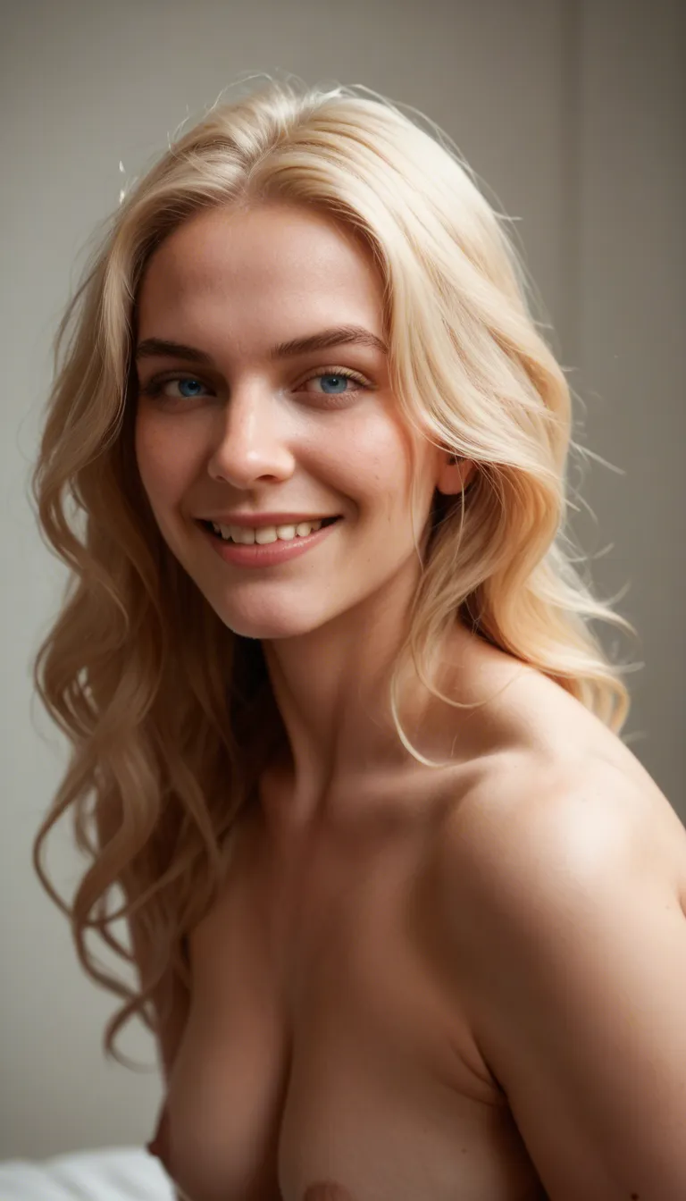 a cheerful-looking woman posing naked with light blonde, wavy shoulder-length hair, light-colored blue eyes, and a warm, broad smile. She has soft facial features, a relaxed expression, and an open, friendly appearance. Medium sized breasts. She is making a selfie full_body naked