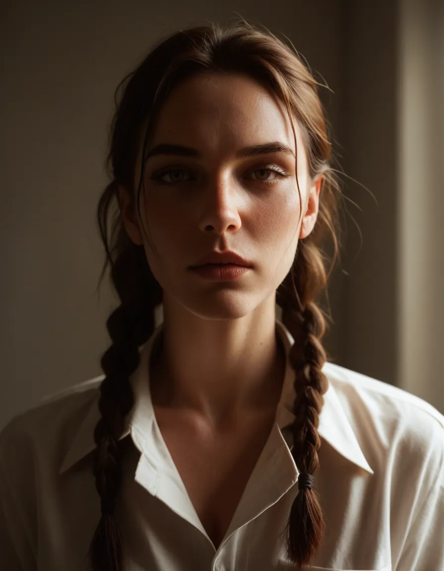 highly detailed, natural lighting, solo female, twin braids, collared shirt, creampie, studio lighting, lifelike render, score_9, score_8, candid photo, realistic skin texture, visible skin pores, film grain, depth of field