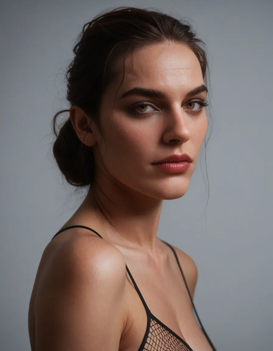 Segreteria 45 anni capelli rossi corti con mesh e attaccatura nera. Vestito blu corto culo in mostra in ufficio, score_9, score_8, candid photo, realistic skin texture, visible skin pores, film grain, depth of field