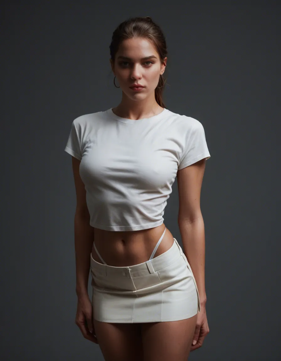 Wear a short white mini skirt and a white blouse. Slowly take off the mini skirt, then the blouse, and only wear a thong., score_9, score_8, candid photo, realistic skin texture, visible skin pores, film grain, depth of field