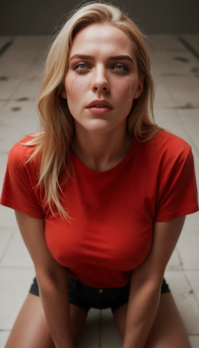 Sexy busty blonde woman in red t shirt bottomless as she tears apart and discards the ruined fabric onto the floor.