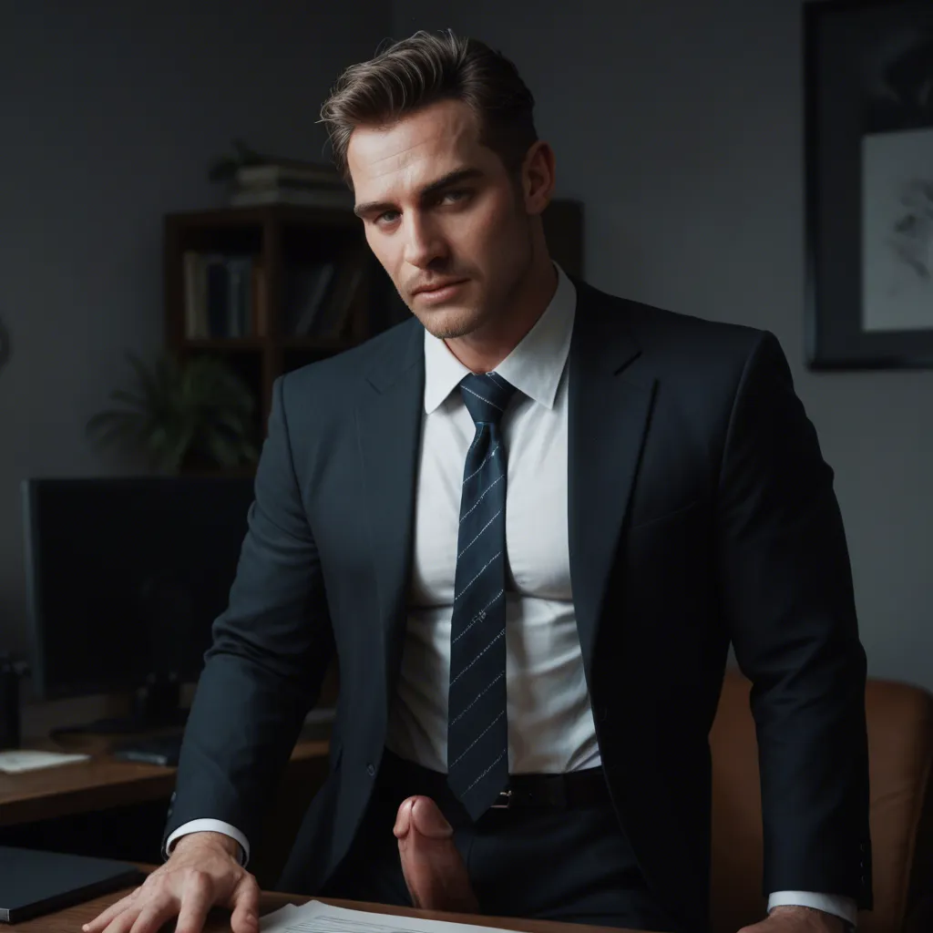 A male_focus, suit , necktie , penis poking out of his trouser zipper, in the office, night, score_9, score_8, candid photo, realistic skin texture, visible skin pores, film grain, depth of field