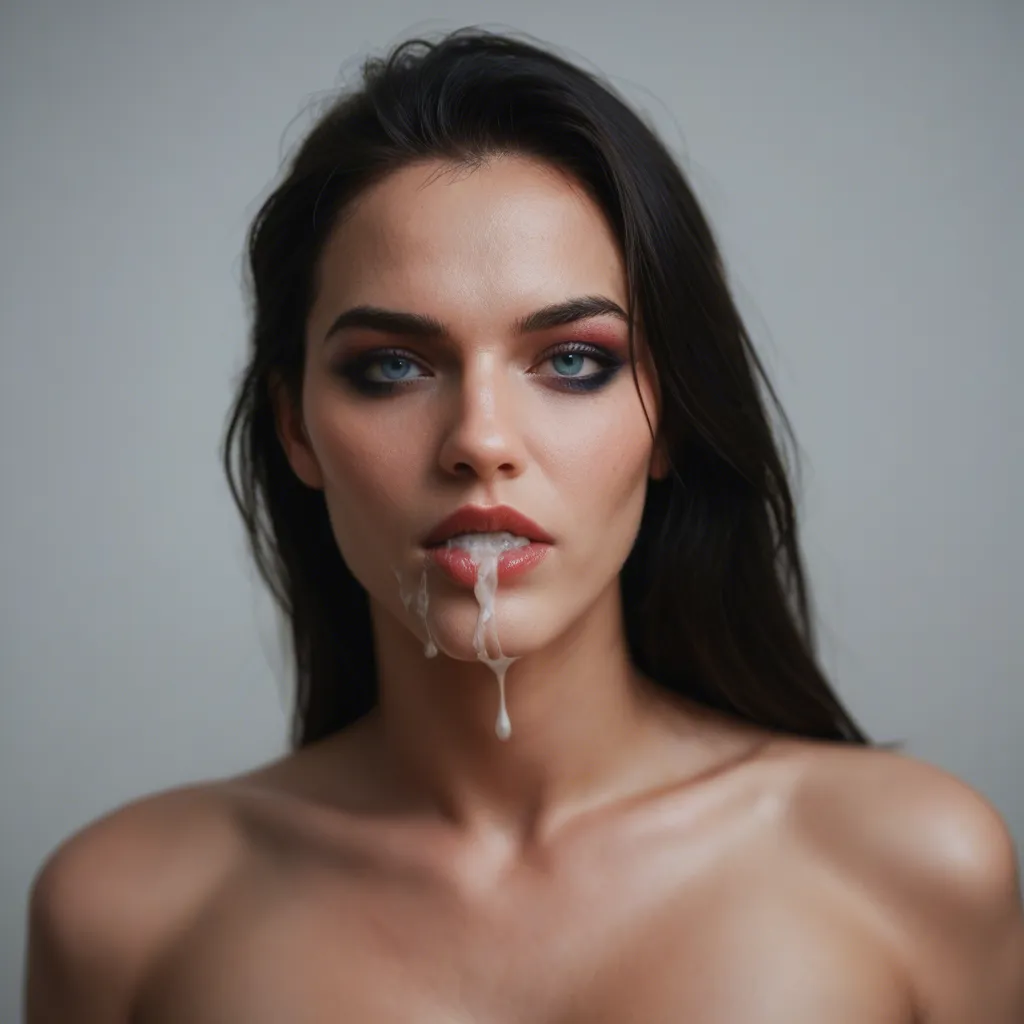 Black hair blue eyes polish woman mid 20s, stunning makeup, dripping cum out of mouth onto tits