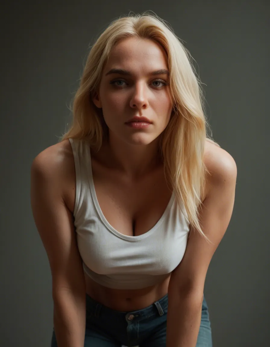 blonde_hair, long_straight_hair, big_round_breast, leaning_forward, deep_plunge_tanktop, short_pants, score_9, score_8, candid photo, realistic skin texture, visible skin pores, film grain, depth of field