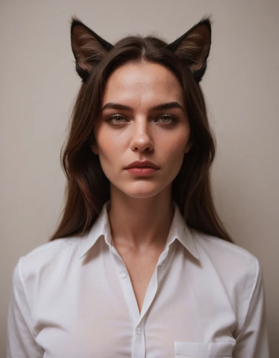 professional photo, high detail, catgirl, animal ears, white shirt, bondage, POV, hyperrealistic, score_9, score_8, candid photo, realistic skin texture, visible skin pores, film grain, depth of field