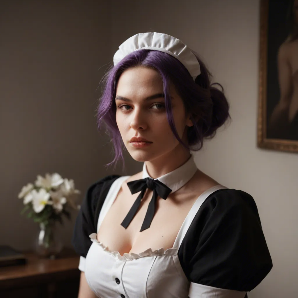 studio quality, sharp focus, maid, purple hair, flower, futanari, studio photo