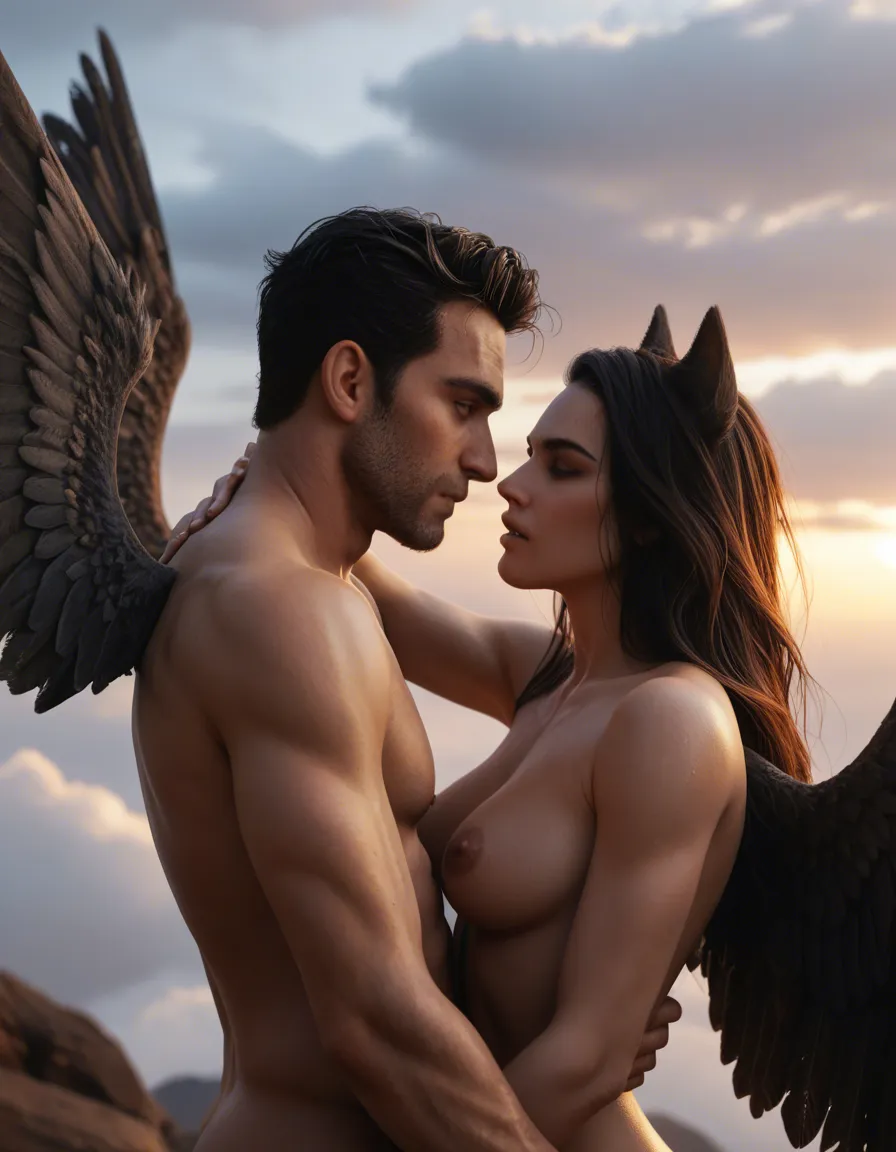 detailed textures, 8k, couple, animal ears, wings, fully nude, cloud, CGI, score_9, score_8, 3d render, octane render, subsurface scattering, ray tracing, smooth shading
