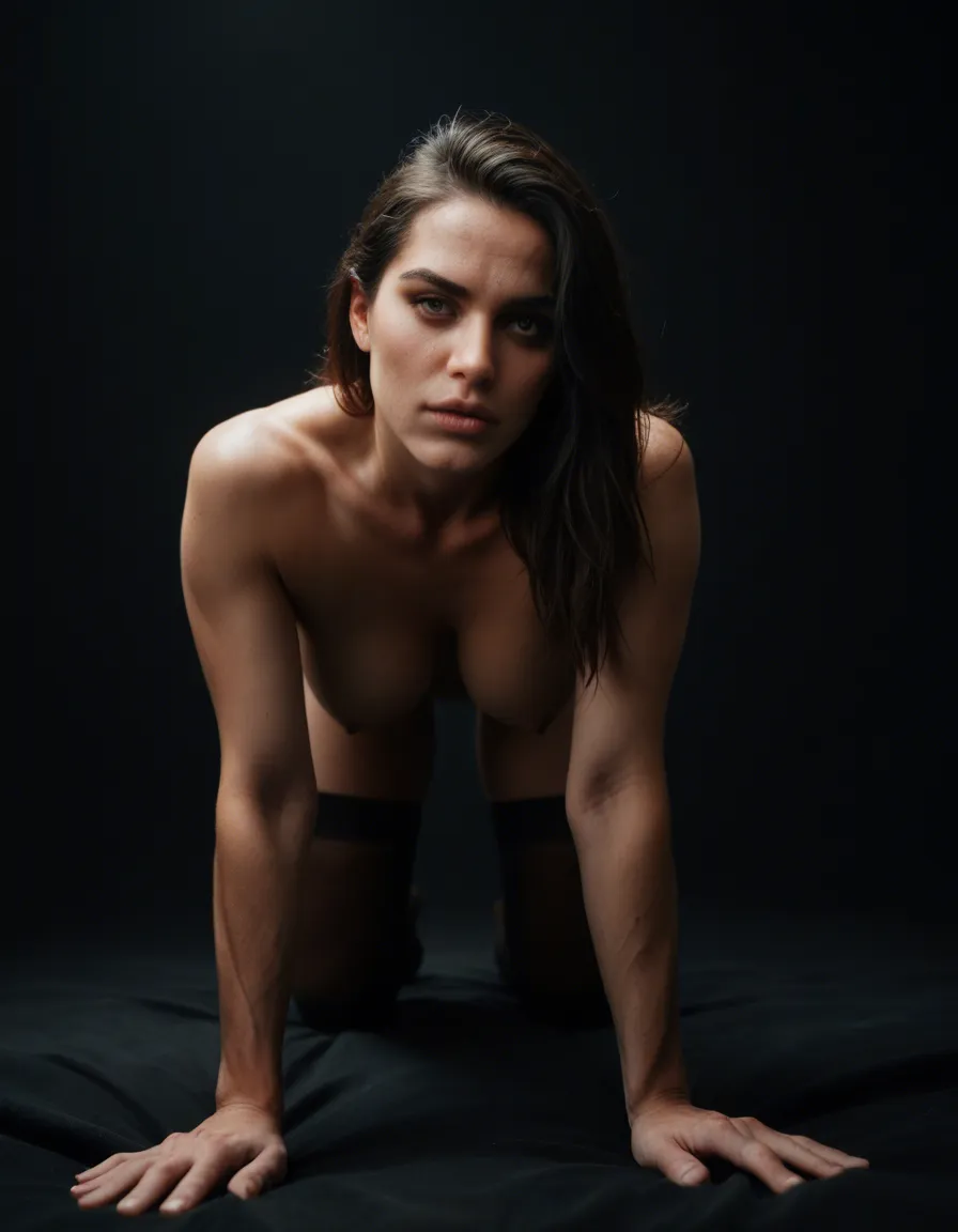 cinematic photo, 8k, solo focus, on all fours, black thighhighs, black background, cinematic realism, score_9, score_8, candid photo, realistic skin texture, visible skin pores, film grain, depth of field