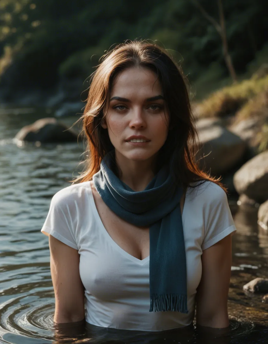 futanari, highly detailed, natural lighting, multiple women, scarf, short sleeves, biting lip, futanari, water, RAW photo, score_9, score_8, candid photo, realistic skin texture, visible skin pores, film grain, depth of field