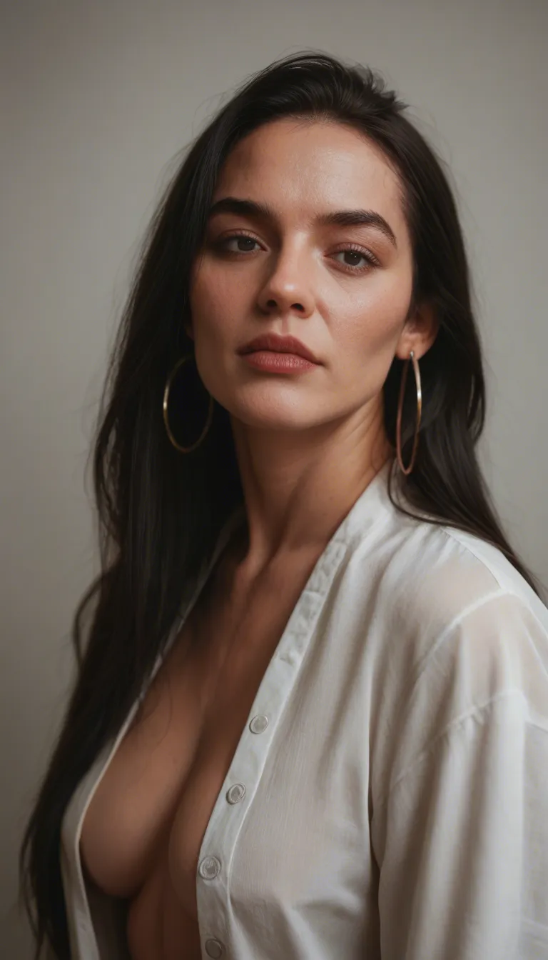 mature woman about 45 years old, small expression lines around her big black eyes, long loose black hair, silver hoop earrings, she wears an unbuttoned blouse, slender but shapely body, abundant breasts, sitting above the observer, leaning forward and clutching the erect penis of the observer with her hands, she handjobs the observer  who ejaculates several times smearing the woman's hair and breasts with sperm