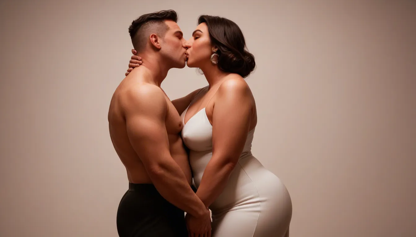 cinematic photo, 8k, 1woman, 1boy, chubby woman, tight_clothes, prom dress, twink, plump, fat, kissing, ballroom background, kiss, grabbing_another's_ass, score_9, score_8, candid photo, realistic skin texture, visible skin pores, film grain, depth of field