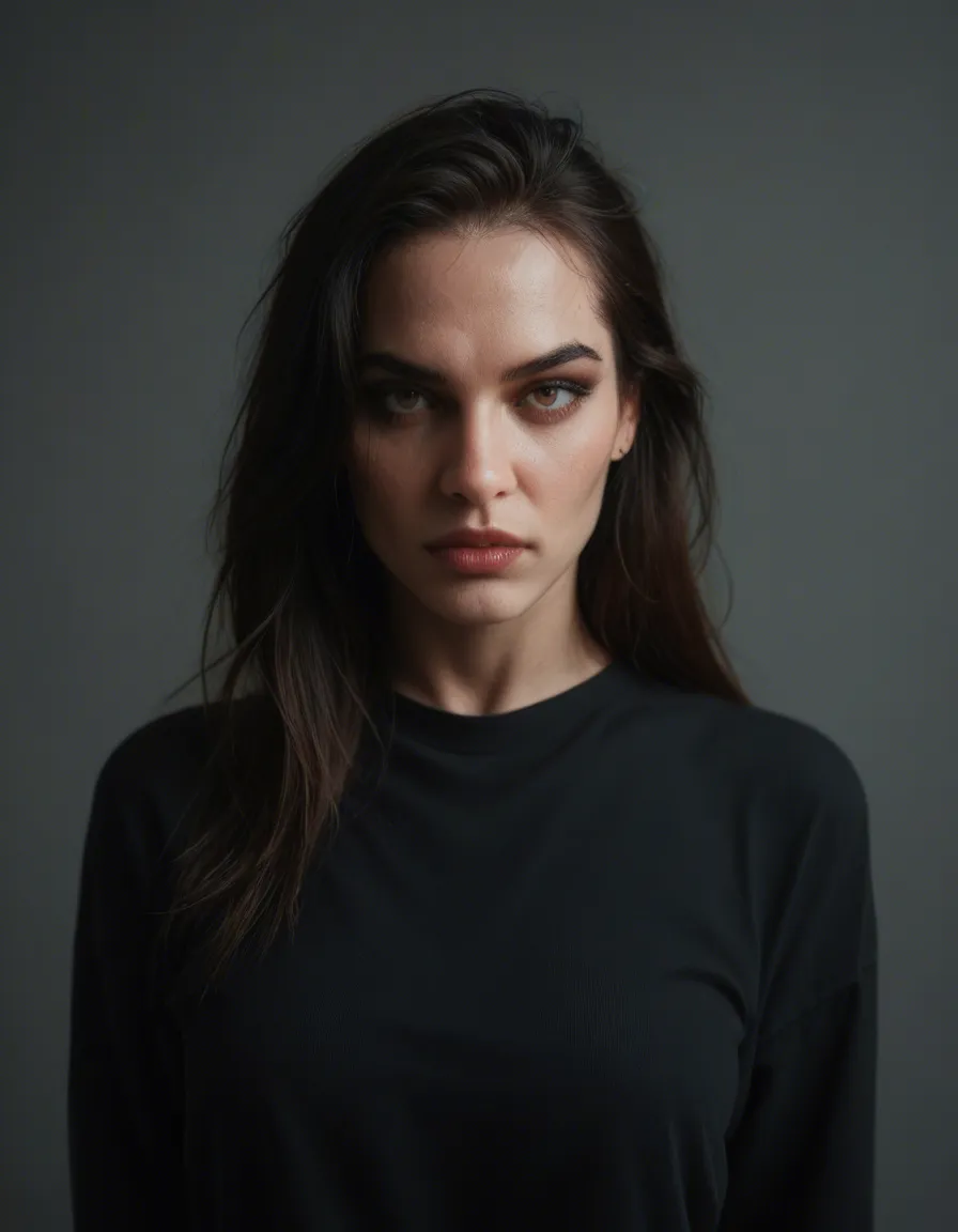 A threescore with 2 goth shambles with big tips and a tiny waist., score_9, score_8, candid photo, realistic skin texture, visible skin pores, film grain, depth of field