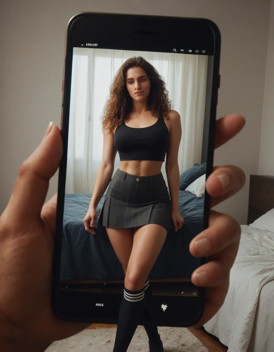 skirt, kneehighs , black wavy hair, sunkissed, giantess, score_9, score_8, amateur photo, macrophilia, Close up, score_9, score_8, amateur photo, phone snapshot, realistic skin texture, at home, bedroom, sexually_suggestive,, score_9, score_8, 3d render, octane render, subsurface scattering, ray tracing, smooth shading