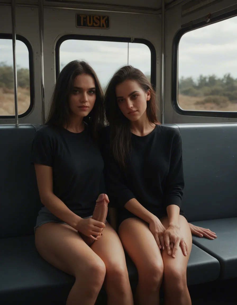 Two persons sits next to each other on bus seats, A close-up centred photo captures a skinny and petite cute 18 years old woman that sits on a bus seat with her hand on the next person's cock, with long perfect dark hair, the image is captured from the front, she sits next to a old man with with shirt and no pants, she looks towards the man's next to her as he is with his erect penis and catches her attention, his dick is attached to his waist and is flaccid but large, her hand has a big diamond ring on her finger that shines super bright as she grabs the base of the penis ,
the women has black corset and shorts,
amateur quality, low resolution, candid style, l3n0v0. underexposed outdoor scene, old phone quality, blurred from camera shake.
This medium close-up shot is lit by a harsh camera flash in a dark area., score_9, score_8, candid photo, realistic skin texture, visible skin pores, film grain, depth of field