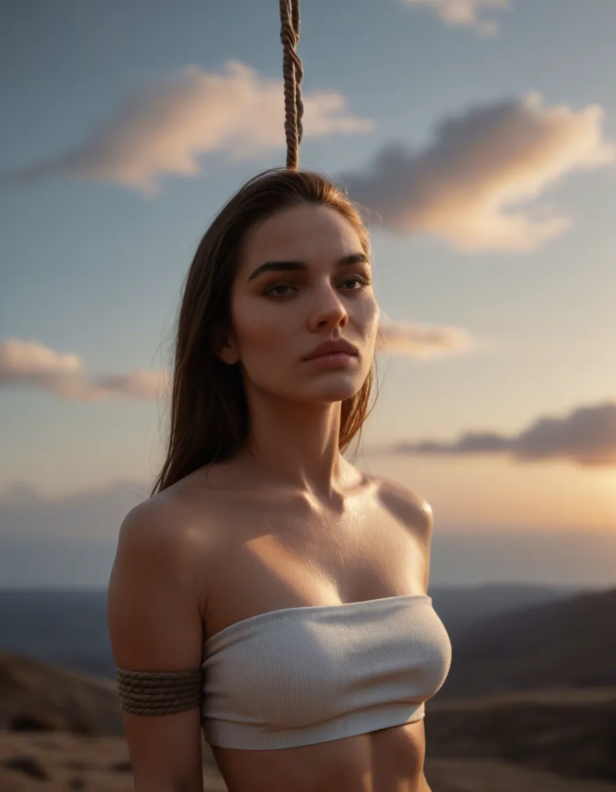best quality, hyperrealistic, 1woman, bondage, bare shoulders, cloud, lifelike render, score_9, score_8, candid photo, realistic skin texture, visible skin pores, film grain, depth of field