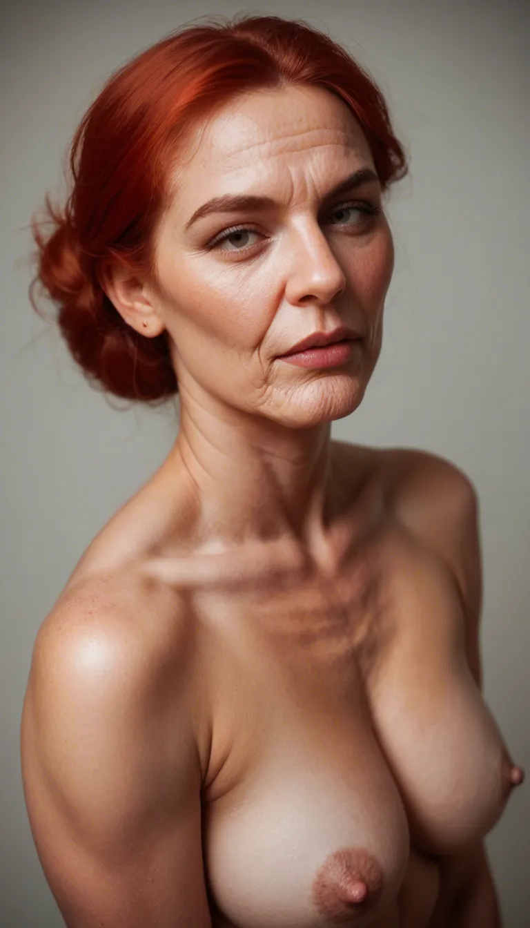 A {high-contrast|soft-focus|hyper-realistic} photograph of a wrinkled-skinned, granny with red hair and a large chest. She stands wearing a pink lace dress, which is lifted to expose her hairy vagina while a younger, fair-skinned man with short brown hair is positioned on his knees, performing oral sex on her. The room is characterized by a white wall holding a clock and fruit-themed art. A black shelf and a pink high chair are visible in the periphery, grounding the intimate act in a real home environment. The {camera angle is a low-angle shot|composition is a candid side-view}, capturing the raw, physical nature of the act and the specific details of the room's decor.