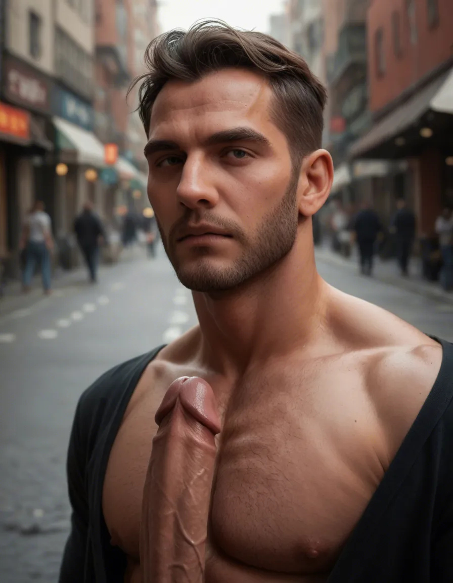 Man with giant cock walks through City and grows his penis, score_9, score_8, candid photo, realistic skin texture, visible skin pores, film grain, depth of field
