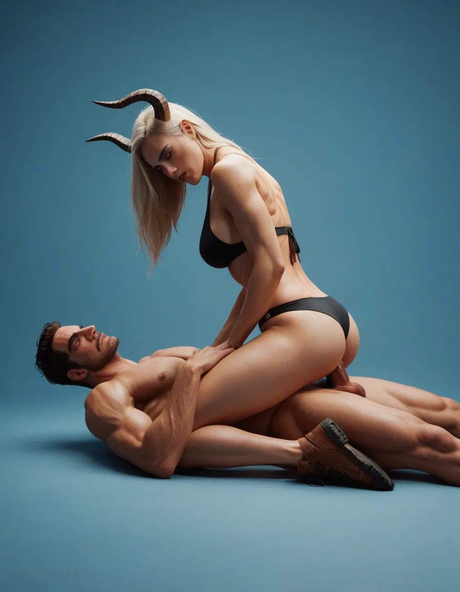 cinematic photo, 8k, fitness model, brown footwear, horns, 69 position, blue background, dslr quality, dicke tirten, schwarzer Bikini, fetter arsch, sehr sehr streng und gemein zu mir, 40 Jahre alt, score_9, score_8, candid photo, realistic skin texture, visible skin pores, film grain, depth of field