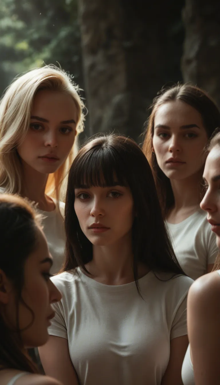highly detailed, natural lighting, 5women, blunt bangs, white shirt, arching back, lifelike render