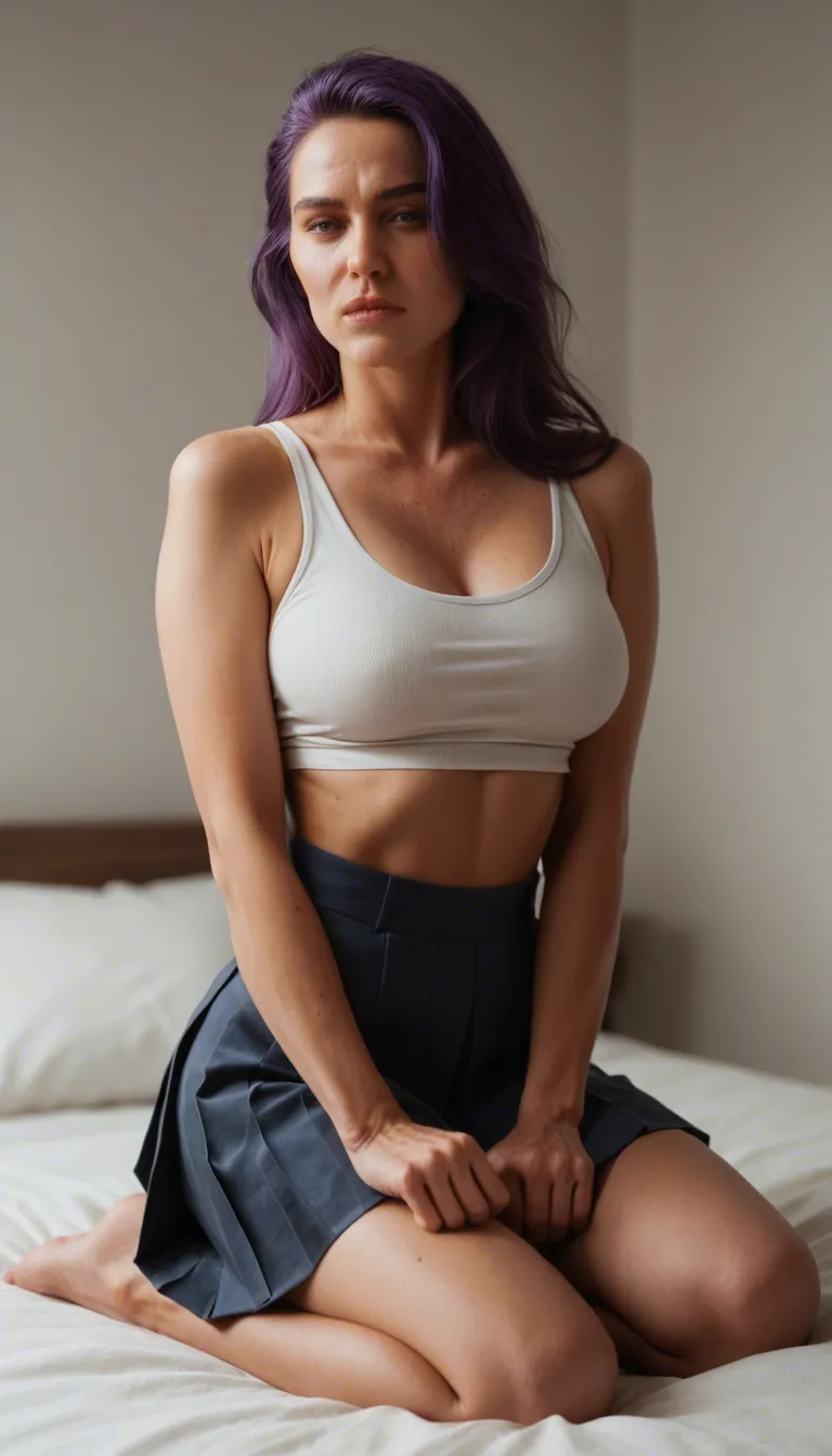 ultra HD, lifelike, mature female, purple hair, pleated skirt, kneeling on bed, natural skin texture