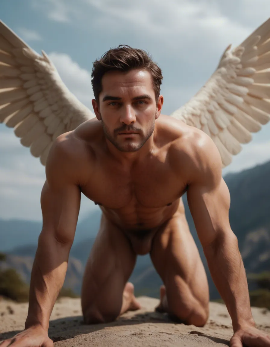 best quality, hyperrealistic, male focus, muscular male, wings, on all fours, blurry background, low angle, volumetric light, photorealistic, score_9, score_8, candid photo, realistic skin texture, visible skin pores, film grain, depth of field
