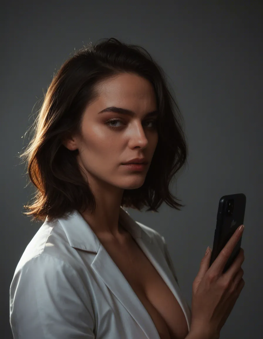 professional photo, high detail, demon woman, medium hair, ribbon, futanari, volumetric light, photorealistic, score_9, score_8, amateur photo, phone snapshot, realistic skin texture, skin blemishes, soft indoor lighting