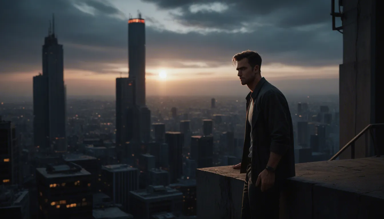 A high-tension, cinematic moment captured in ultra-realistic studio quality, set on the precarious concrete ledge of a skyscraper at midnight. A fit mature woman in her early 40s, with short dark brown hair marked by a distinctive thin grey streak, is captured in the peak of an intense orgasm. She is lying on her back, her body arched violently upward, eyes clamped shut in ecstasy. She wears a sleek, black leather bodysuit that has been aggressively unzipped from the neckline all the way down to her crotch, exposing her smaller, naturally sagging breasts and a neatly trimmed patch of pubic hair. Her legs are spread wide, and her fingers are locked in a white-knuckled grip on the rough edge of the rooftop, the only thing preventing her from slipping into the abyss of the glittering city skyline below. Over her, a man in a sharp, charcoal-grey business suit is positioned, his hand submerged in the open leather of her suit, fingering her vigorously. The lighting is a dramatic contrast of cool blue moonlight and the warm, golden glow of distant office windows, highlighting the sharp focus of her detailed skin, the glistening beads of sweat on her forehead, and the visceral tension in her gripping hands.