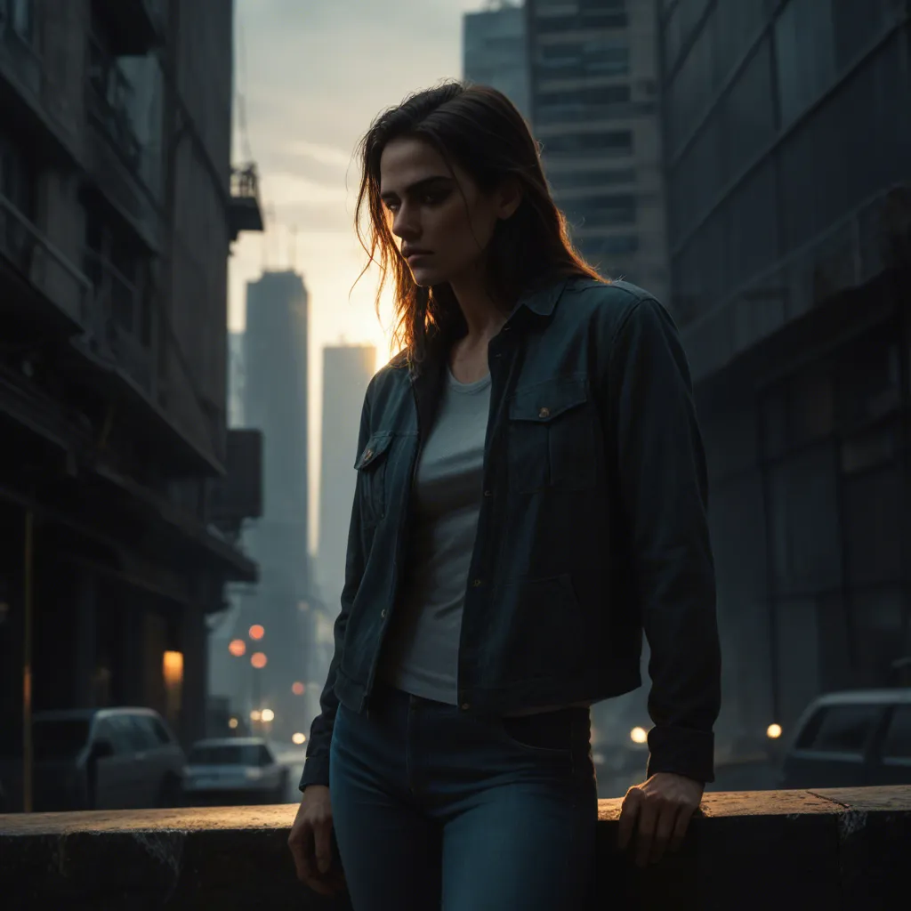 A high-tension, cinematic moment captured in ultra-realistic studio quality, set on the precarious concrete ledge of a skyscraper at midnight. A fit mature woman in her early 40s, with short dark brown hair marked by a distinctive thin grey streak, is captured in the peak of an intense orgasm. She is lying on her back, her body arched violently upward, eyes clamped shut in ecstasy. She wears a sleek, black leather bodysuit that has been aggressively unzipped from the neckline all the way down to her crotch, exposing her smaller, naturally sagging breasts and a neatly trimmed patch of pubic hair. Her legs are spread wide, and her fingers are locked in a white-knuckled grip on the rough edge of the rooftop, the only thing preventing her from slipping into the abyss of the glittering city skyline below. Over her, a man in a sharp, charcoal-grey business suit is positioned, his hand submerged in the open leather of her suit, fingering her vigorously. The lighting is a dramatic contrast of cool blue moonlight and the warm, golden glow of distant office windows, highlighting the sharp focus of her detailed skin, the glistening beads of sweat on her forehead, and the visceral tension in her gripping hands.
