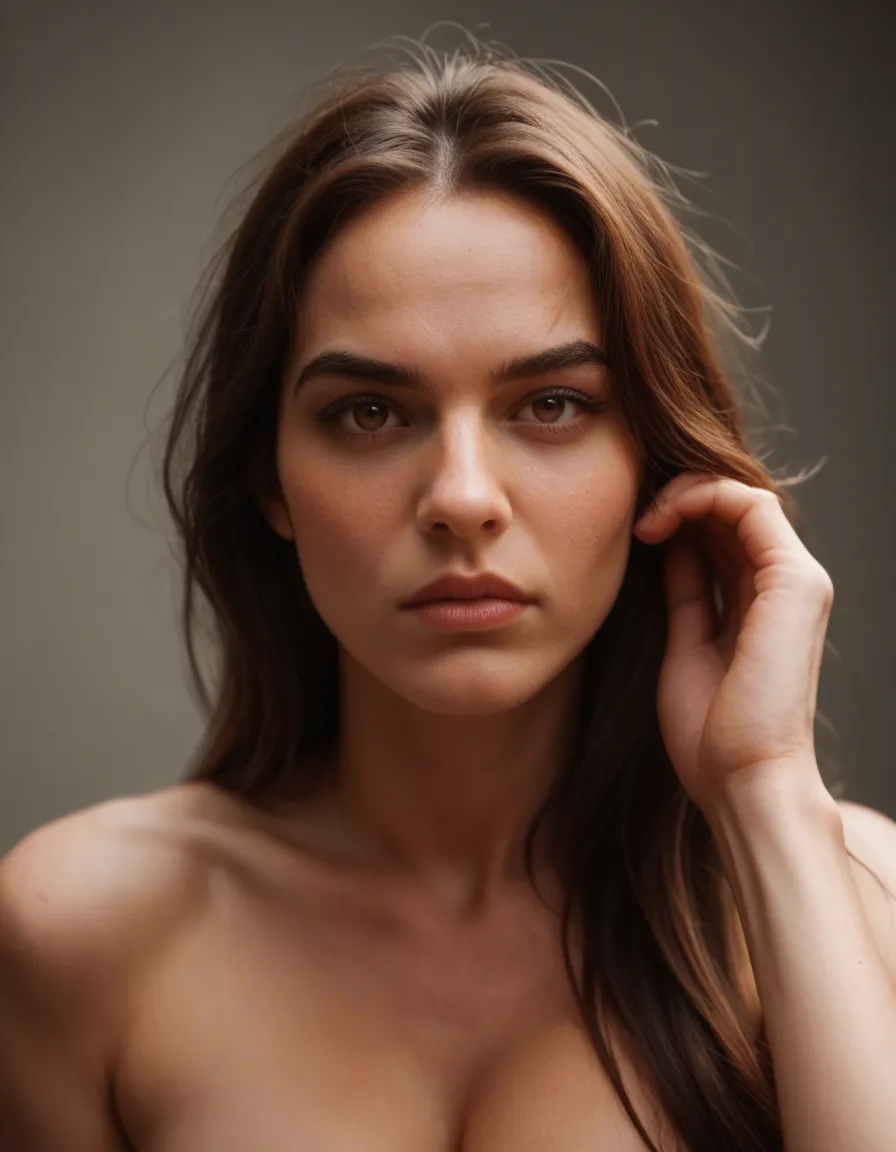 A sexy brunette girl with brown eyes fully naked squeezing her boobs really hard, score_9, score_8, candid photo, realistic skin texture, visible skin pores, film grain, depth of field