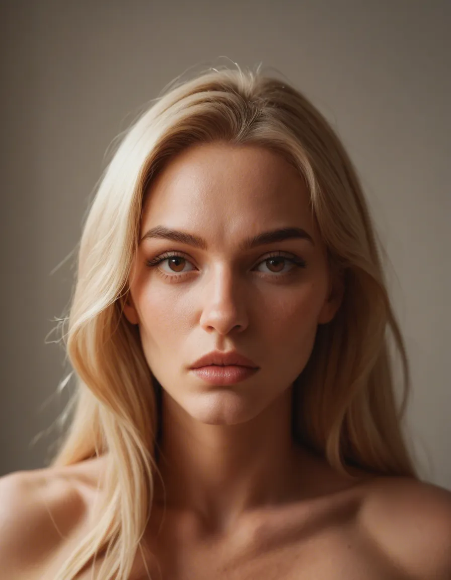 A sexy brunette girl with brown eyes fully naked kissing a cute blonde girl with blue eyes, score_9, score_8, candid photo, realistic skin texture, visible skin pores, film grain, depth of field