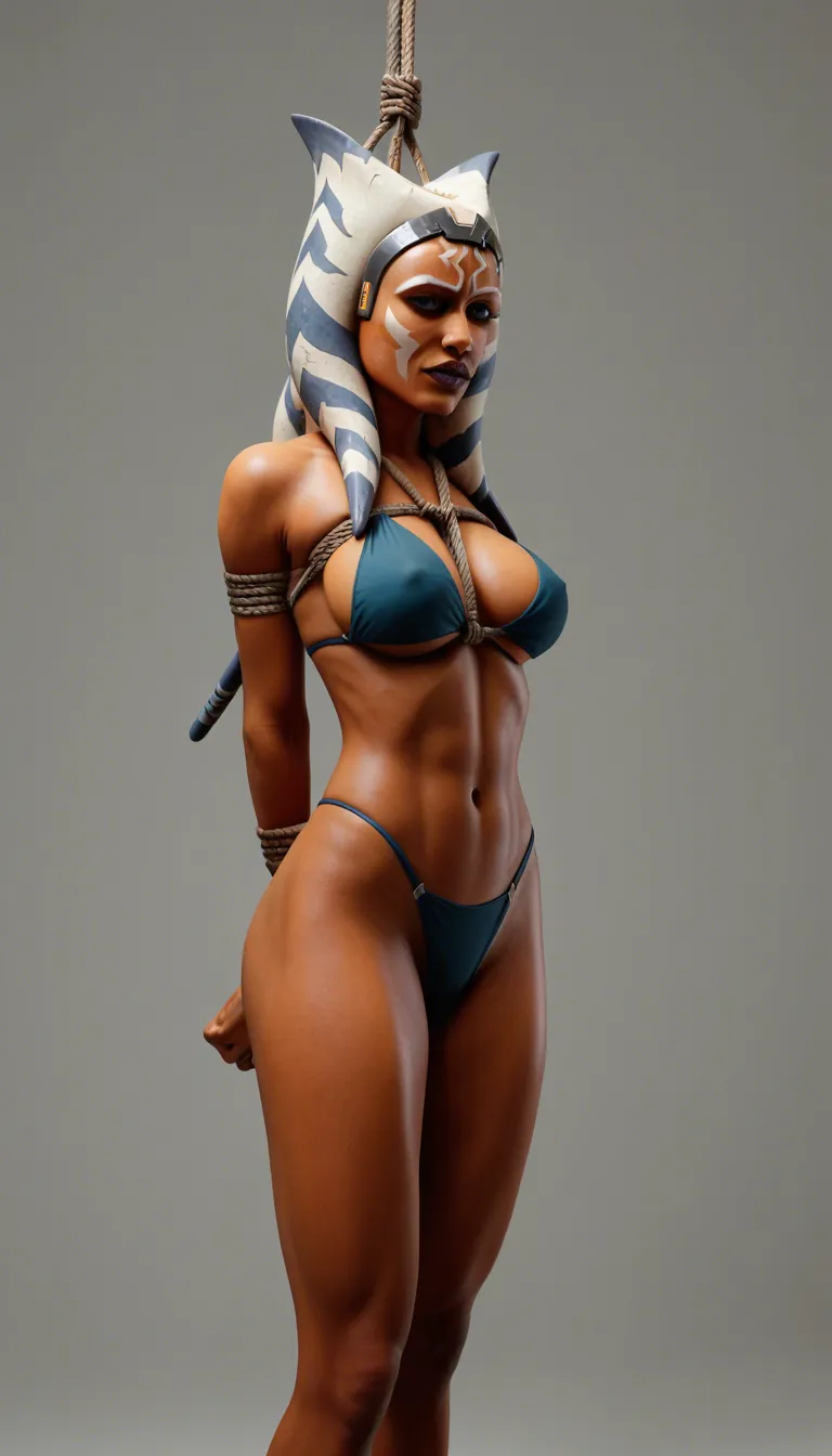 Ahsoka tano from star wars firmly bondage in a suspended hogtie using rope  only wearing bikini bottoms while her breasts are being breasts_squeezed_together by astrid hofferson from how to train your dragon