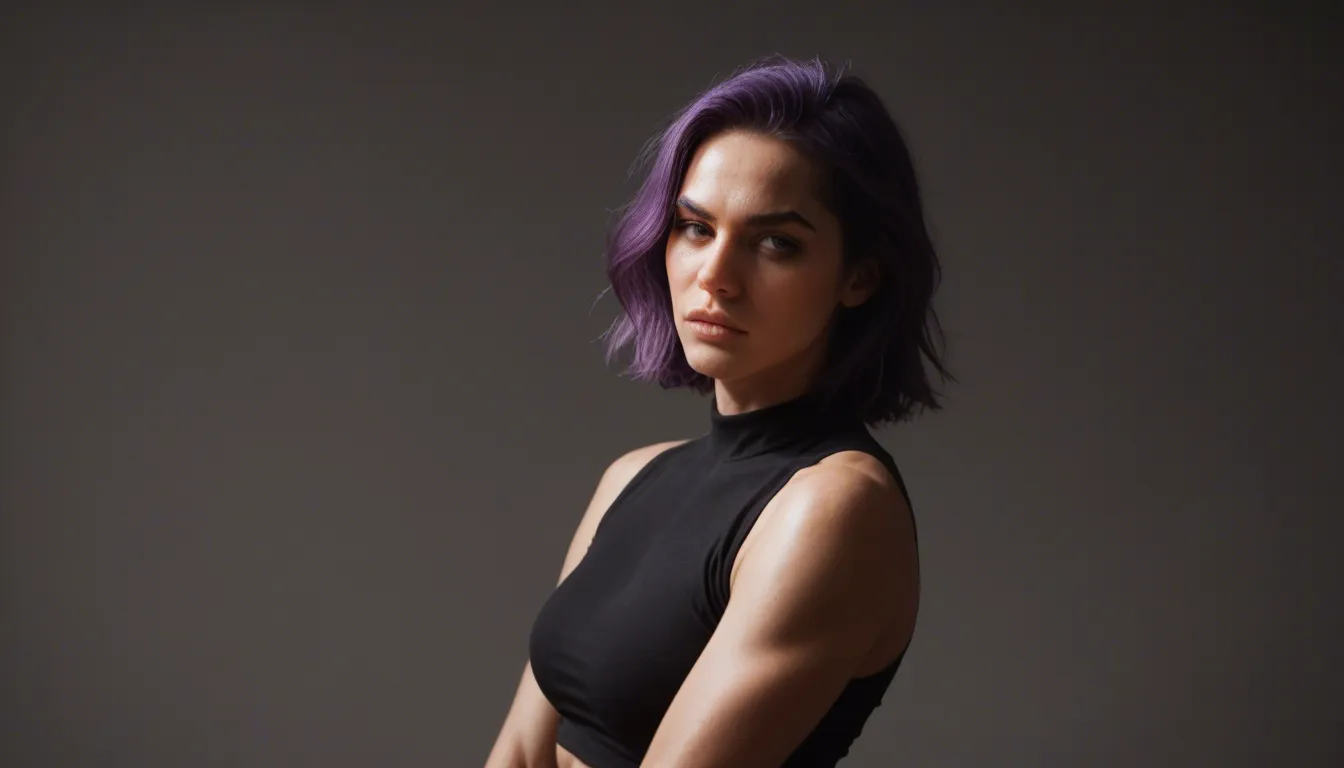 RAW photo, ultra realistic, 1boy, purple hair, sleeveless, futanari, film photography, score_9, score_8, candid photo, realistic skin texture, visible skin pores, film grain, depth of field